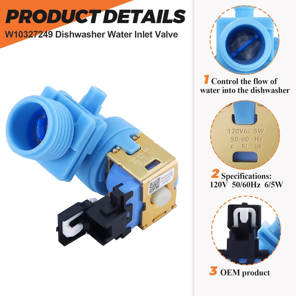(2026 Upgraded) W10327249 W10327250 W11175771 Dishwasher Water Inlet Valve Fit for Whirlpool,Kenmore 665 662 series,KitchenAid,Amana -Replaces W10195047 W10316814 W11130743-15 YEAR WARRANTY
