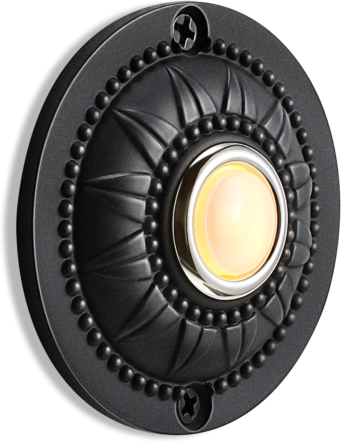Round Metal Wired Doorbell Push Button, Black, Warm White Light | Lighted Doorbell Button Replacement, Solid Iron