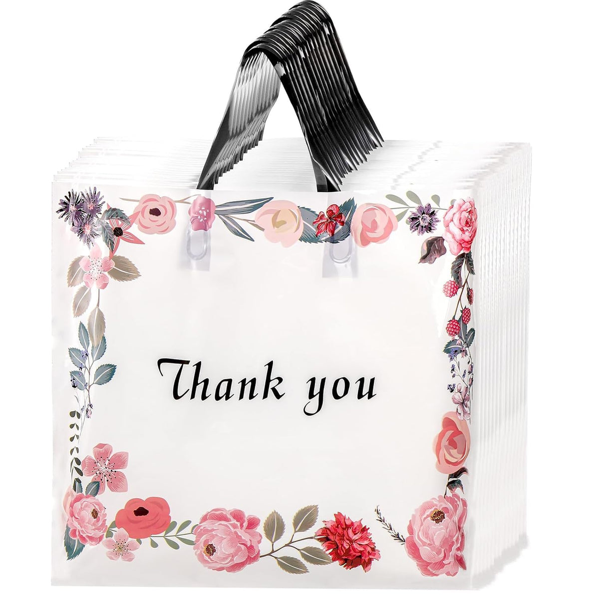 60 Pack Thank You Bag, Plastic Shopping Bag with Handles, 14'' x 12'' Spring Flowers Reusable Merchandise Bags, Gift