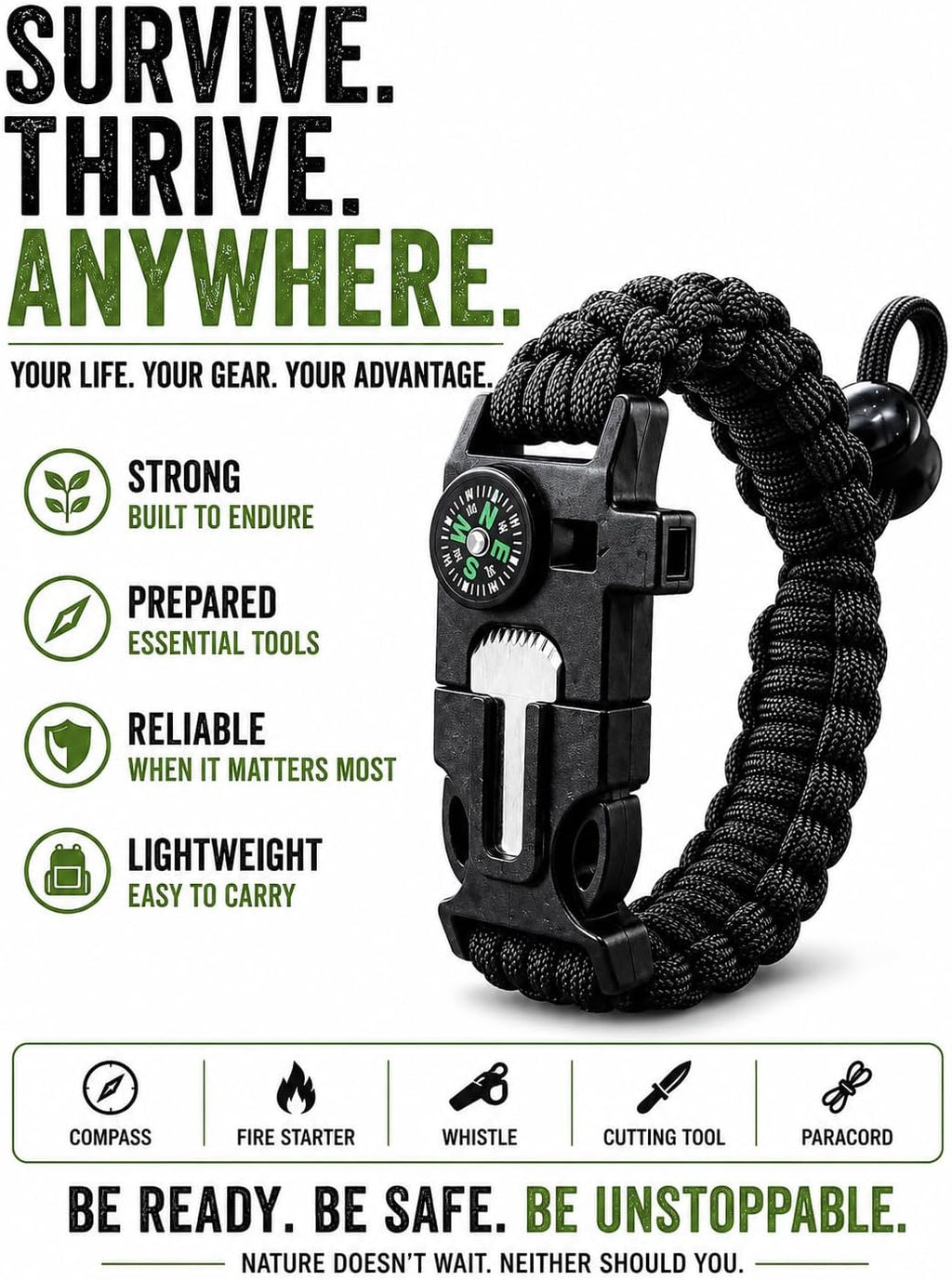 Paracord Survival Bracelet With Compass, Fire Starter, Whistle, Removeable Striker - 10 Feet Of Paracord - Nylon and