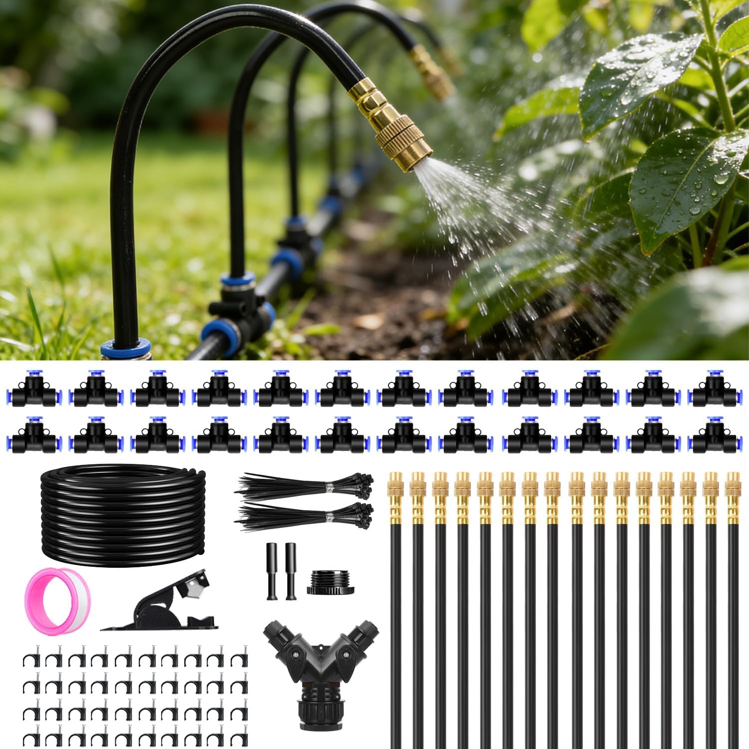 100FT 1/4" Drip Irrigation System, 2026 Upgrade Garden Irrigation Kit with 24pcs 360° Adjustable Copper Nozzles, DIY