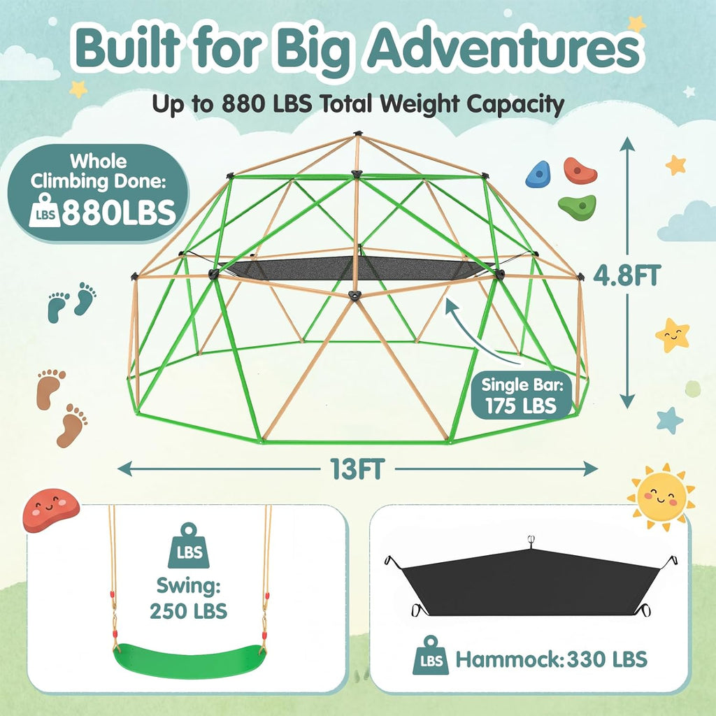 13FT Climbing Dome with Hammock and Swing, Outdoor Jungle Gym for Kids, Geometric Dome Climber Supporting 880 Lbs