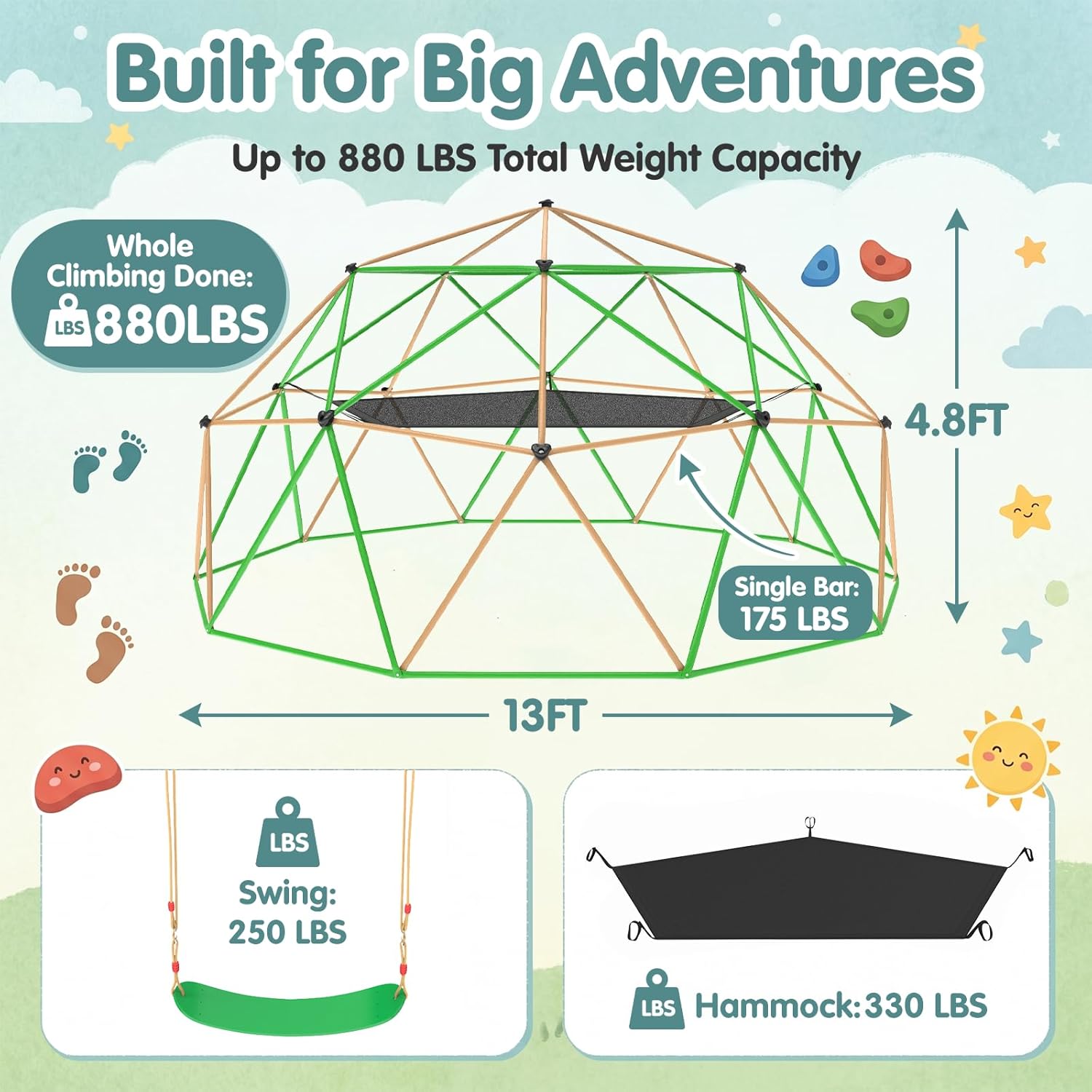 13FT Climbing Dome with Hammock and Swing, Outdoor Jungle Gym for Kids, Geometric Dome Climber Supporting 880 Lbs