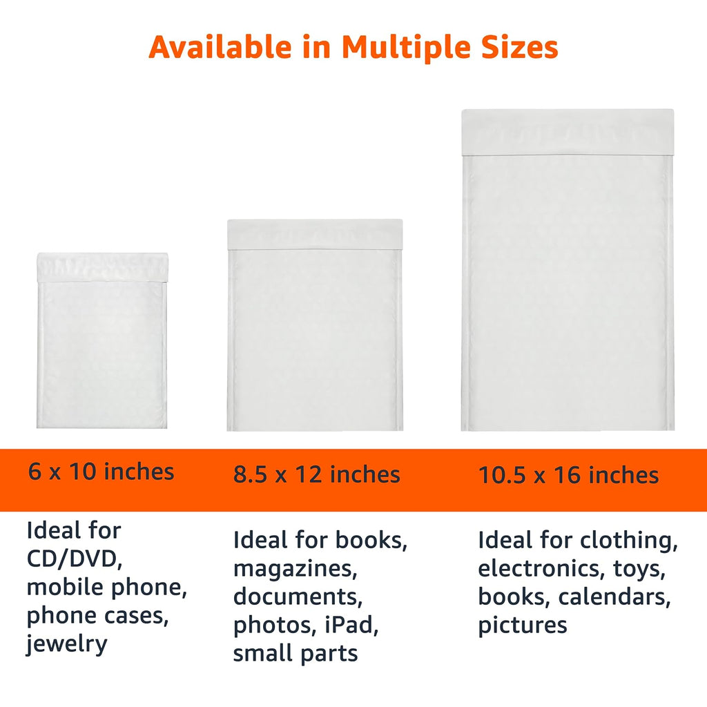 Poly Bubble Mailer, 8.5" x 12" (Internal Size 8.25" x 11"), Self-Seal, 100-Pack, White/Grey