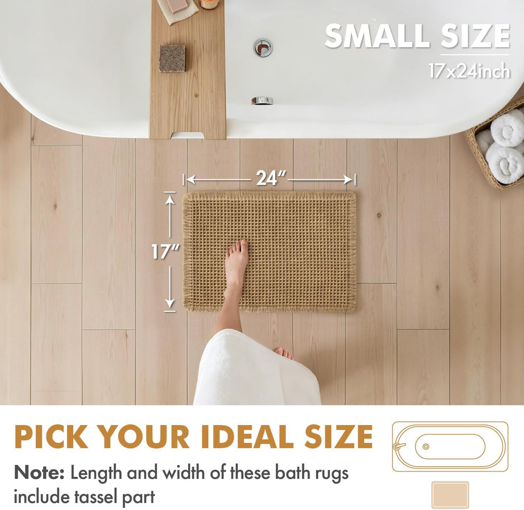 Set of 2 Waffle Bathroom Rugs Boho Bath Mat Brown 17x24 Inch | Non Slip, Super Absorbent, Washable, Ultra Soft