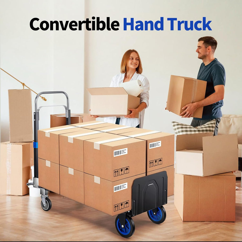 Pro 3 in 1 Aluminium Hand Truck 660lbs Capacity, Heavy Duty Convertible Hand Truck Dolly W/ 4 Rubber Wheels, Foldable