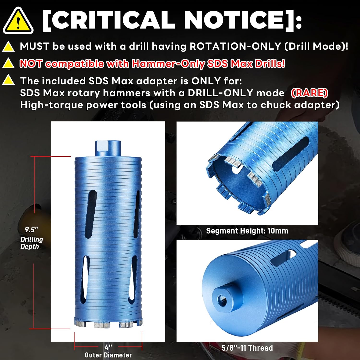 4" Dry Core Drill Bit, 5/8"-11 Thread, with 3 Adapters Included: SDS Plus, SDS Max and 1/2" Hex Shank - 9.5" Drilling