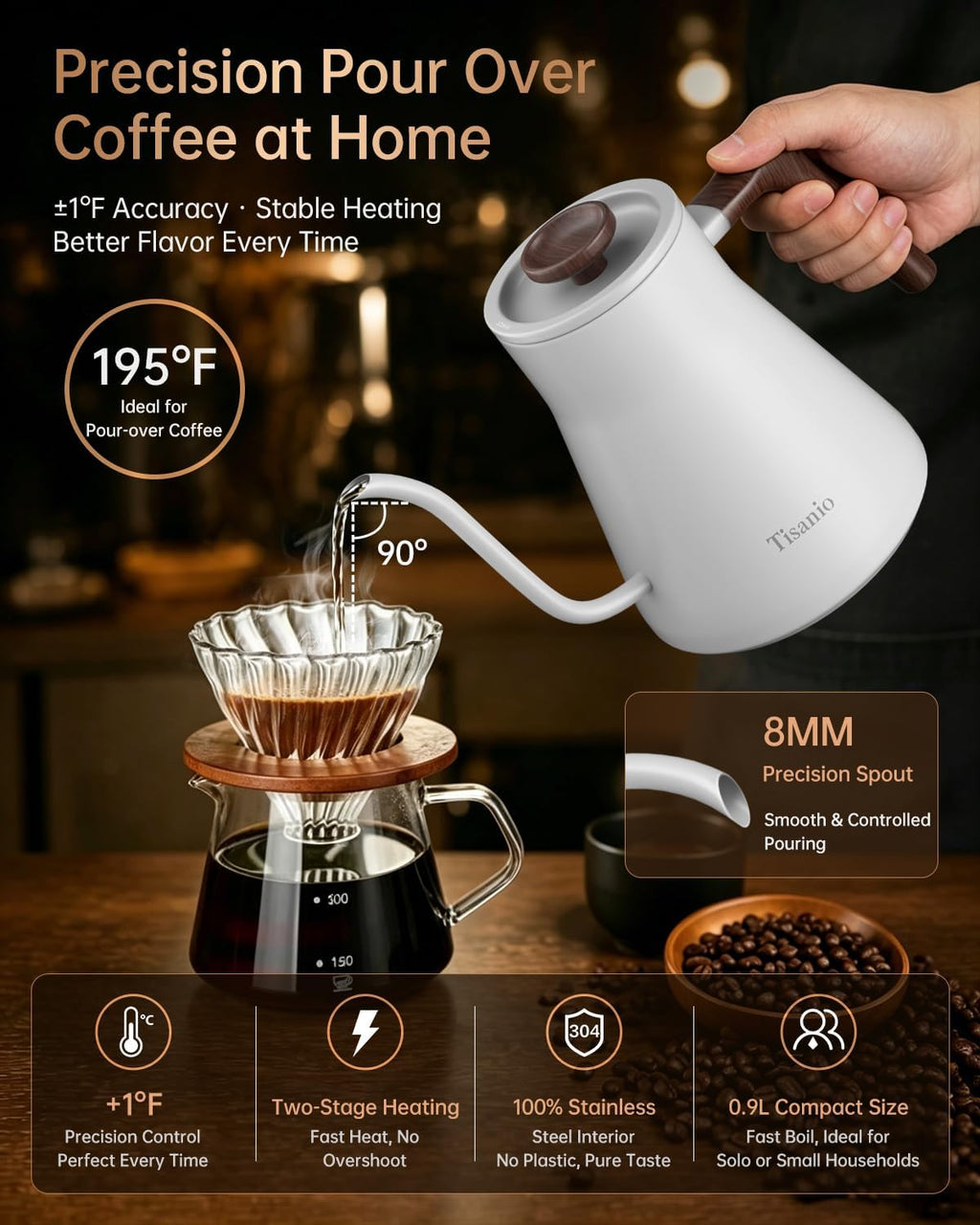 Gooseneck Electric Kettle with Temperature Control, 0.9L, White Wood | ±1°F Precision Pour Over Kettle, LCD Dual