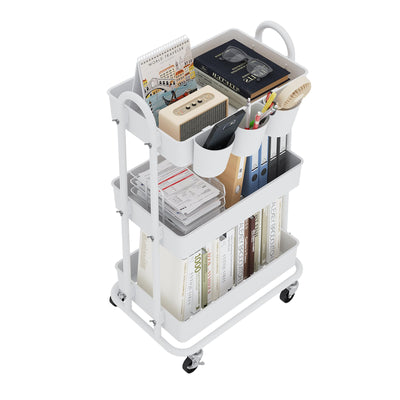 3-Tier Utility Cart with Wheels, Rolling Cart with 3 Hanging Baskets, Storage Shelves, Multi-Functional Organizer