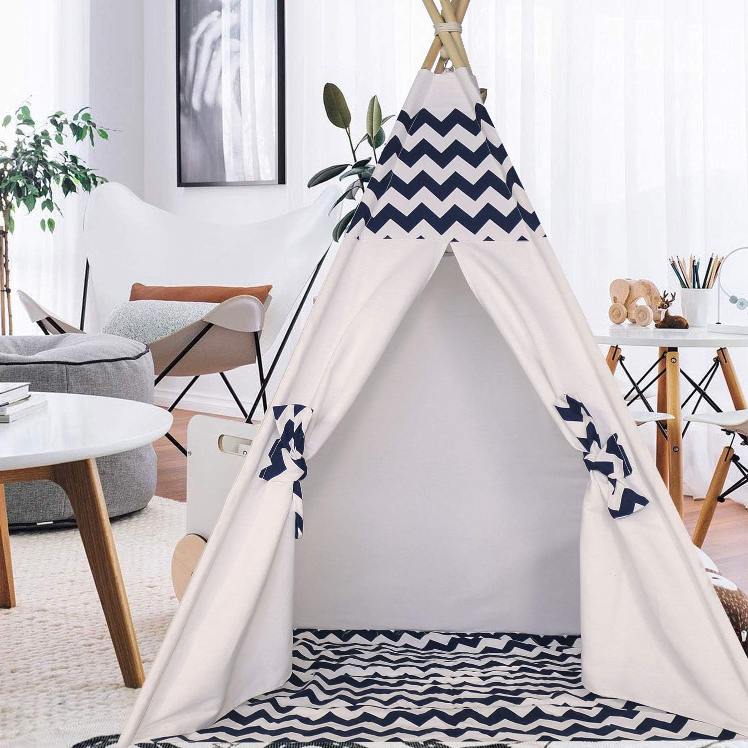 Teepee Tent for Kids - Play Tent with Mat, Indoor Outdoor Playhouse, Indian Canvas Tipi Wigwam, Children's Navy
