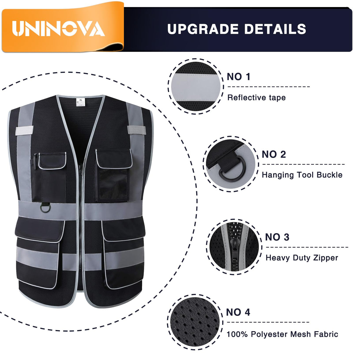 High Visibility Safety Vest - Multi Pockets Reflective Mesh Breathable Workwear, ANSI/ISEA Standards (2X-3X, Black Mesh)