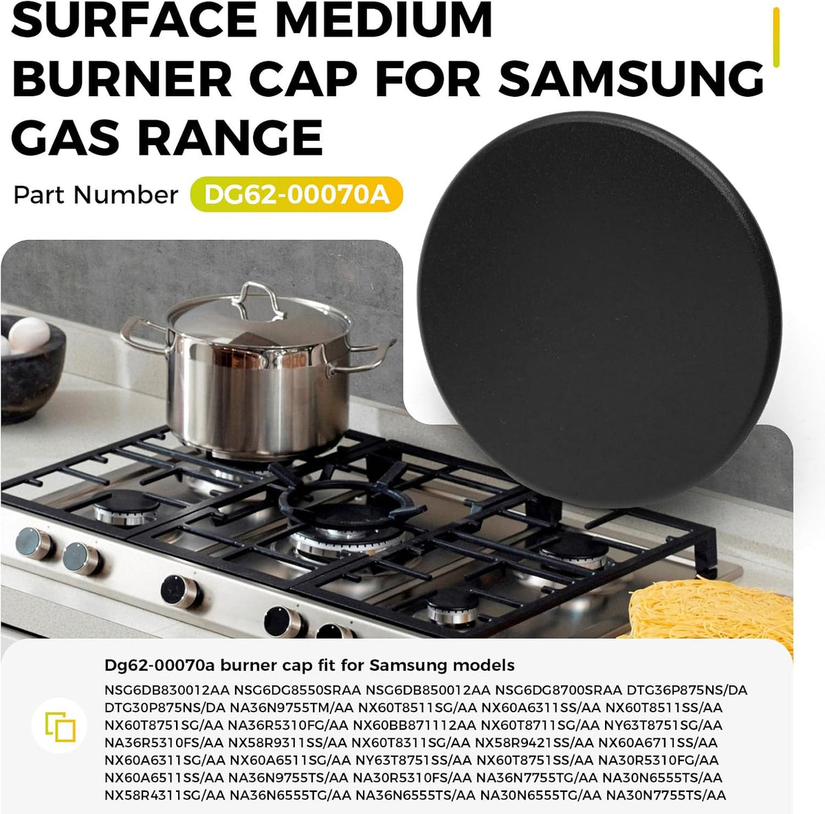 DG62-00070A Medium Burner Cap for Samsung Gas Stove, 2.6” for Samsung Range Surface Burner Medium Cap Replaces NX60A6311SS/AA NX58R5601SS/AA
