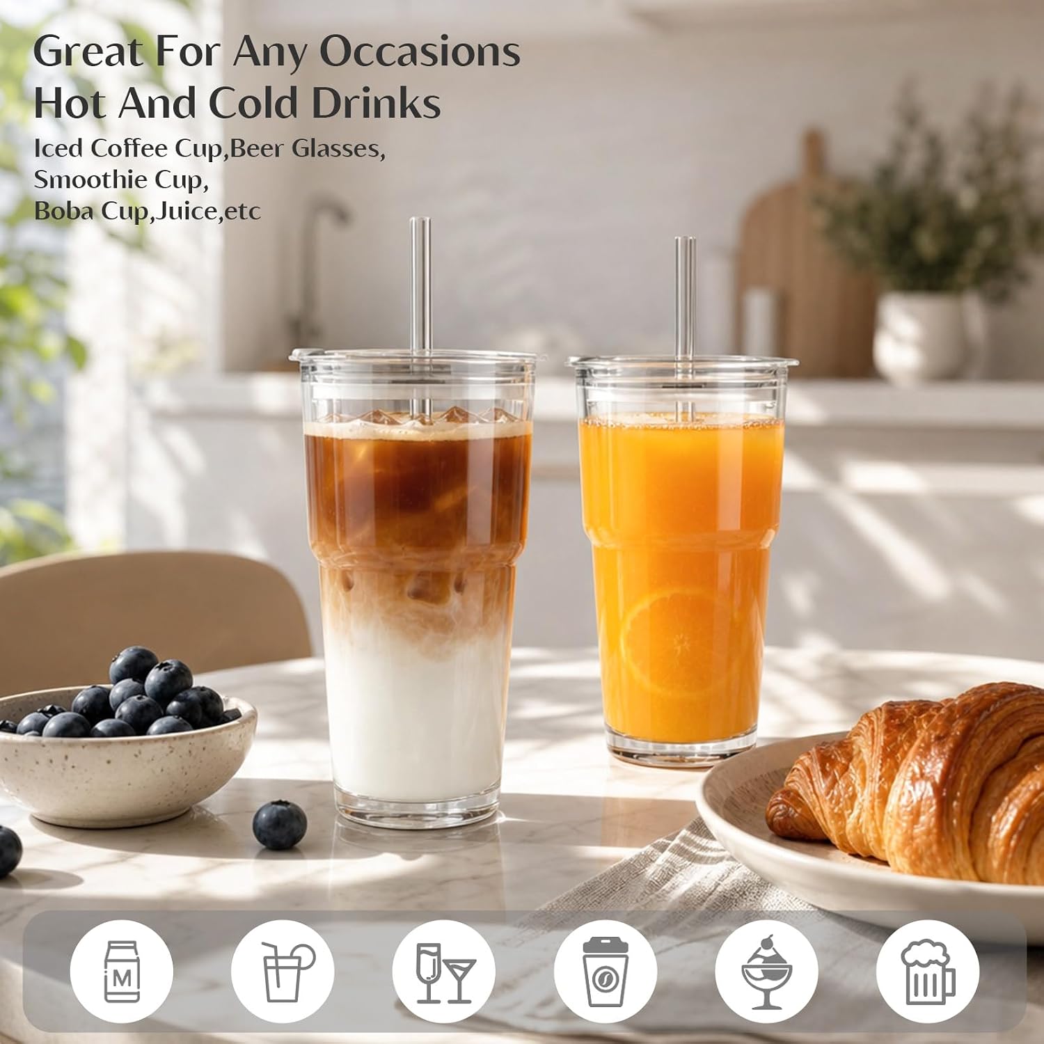 20 oz Clear Glass Cup with Lid and Glass Straw, Set of 2 Thickened Glass Coffee Tumblers, Drinking Glasses with Straw