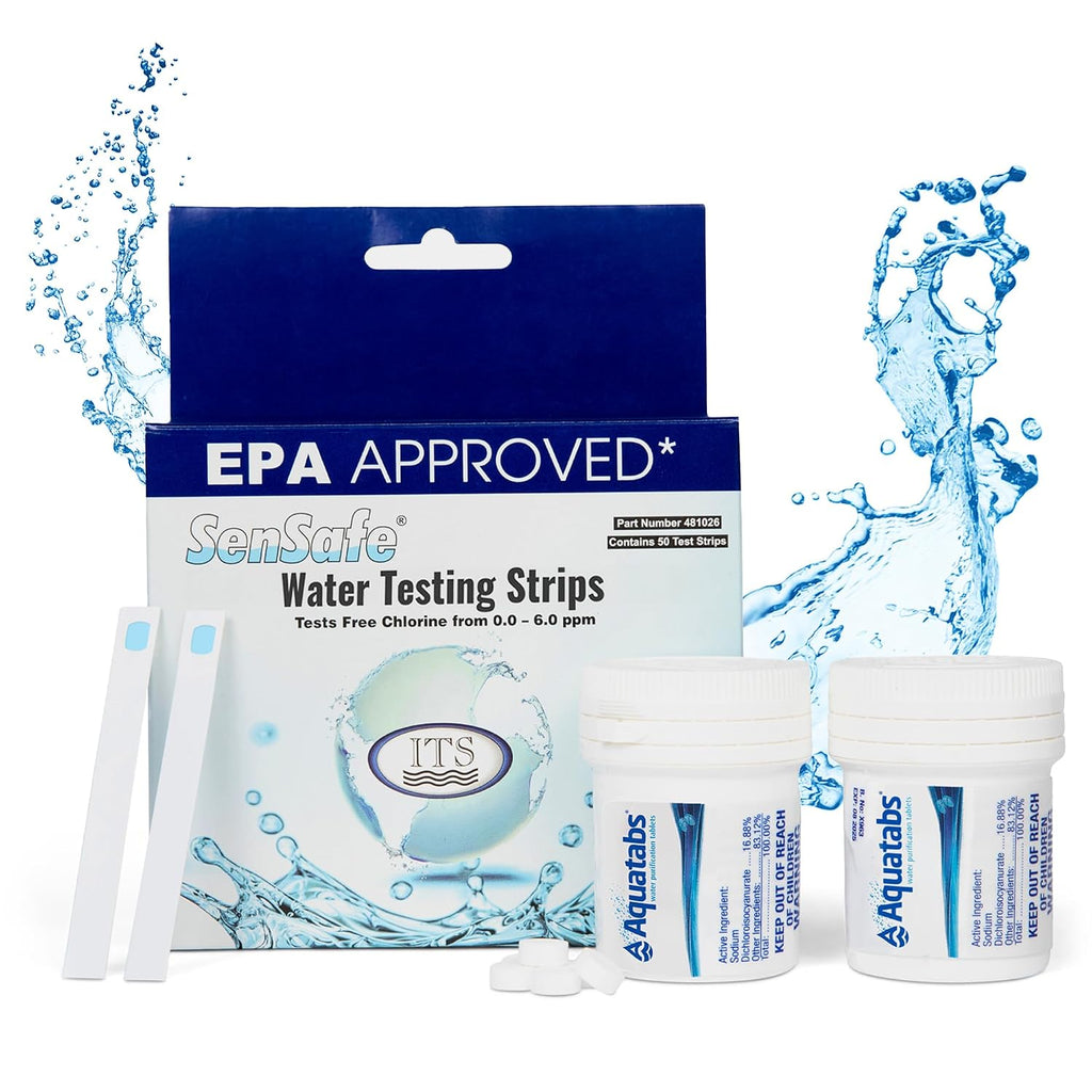 Drinking Water Essentials Kit - 200 Aquatabs Water Purification Tablets + 50 Chlorine Test Strips - for Boat and RV