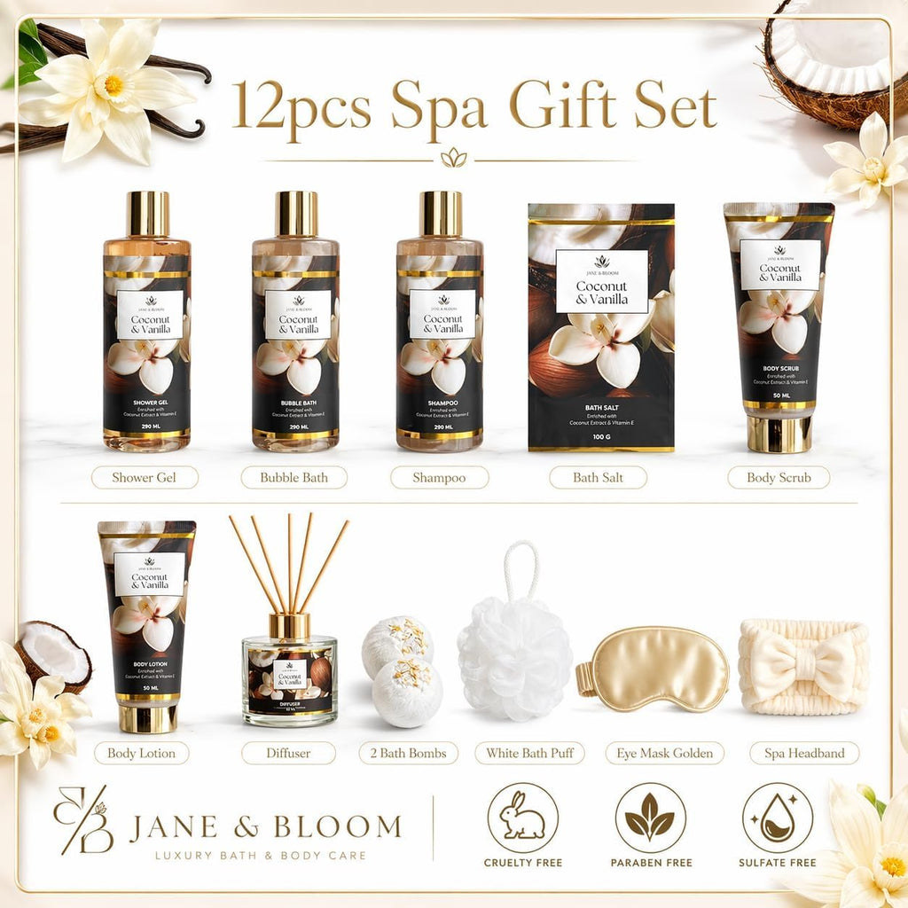 Spa Gift Basket for Women, Coconut & Vanilla 12-Piece Bath Gift Set with Shower Gel, Shampoo, Bubble Bath, Diffuser