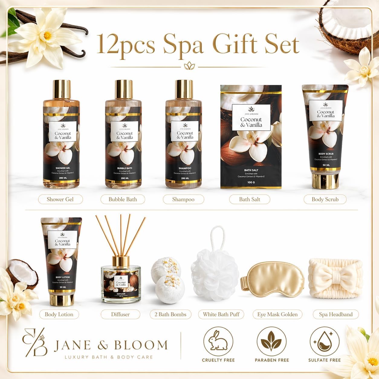 Spa Gift Basket for Women, Coconut & Vanilla 12-Piece Bath Gift Set with Shower Gel, Shampoo, Bubble Bath, Diffuser