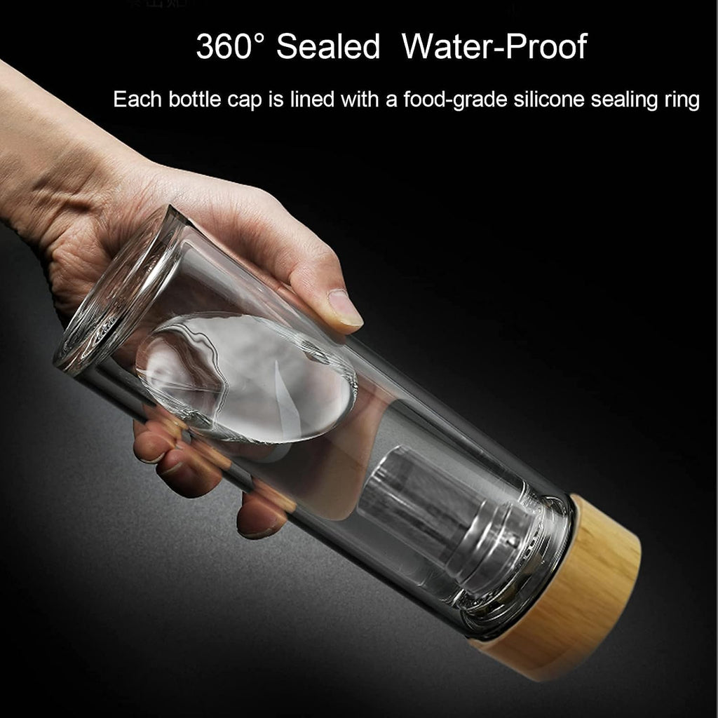 Tea Bottle, 14 oz, Borosilicate Glass, Double Wall, Infuser & Strainer, Bamboo Lid, 400ml