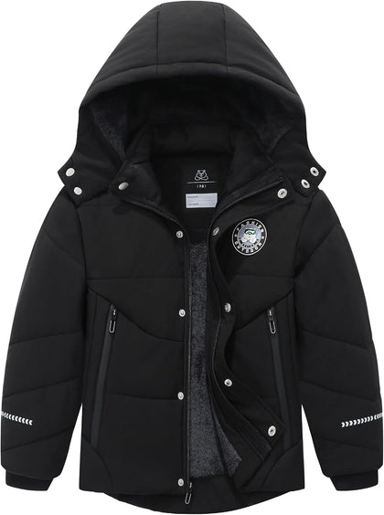 Boy's Winter Coat Waterproof Down Jacket with Detachable Hood | Thickened Fleece Lined Parka Insulated Outerwear