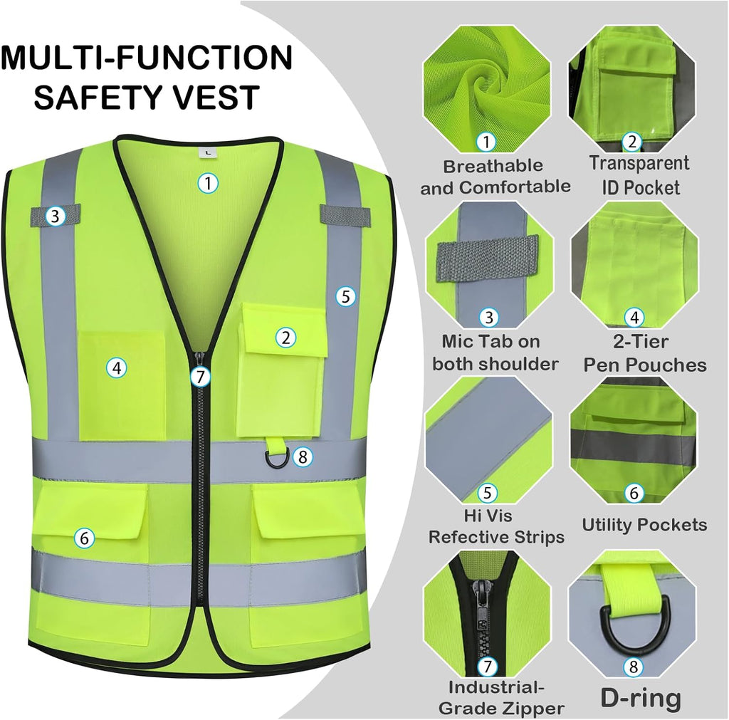 Class 2 High Visibility Safety Vests with Pockets, Hi Vis Vest for Construction Workers (Yellow L)