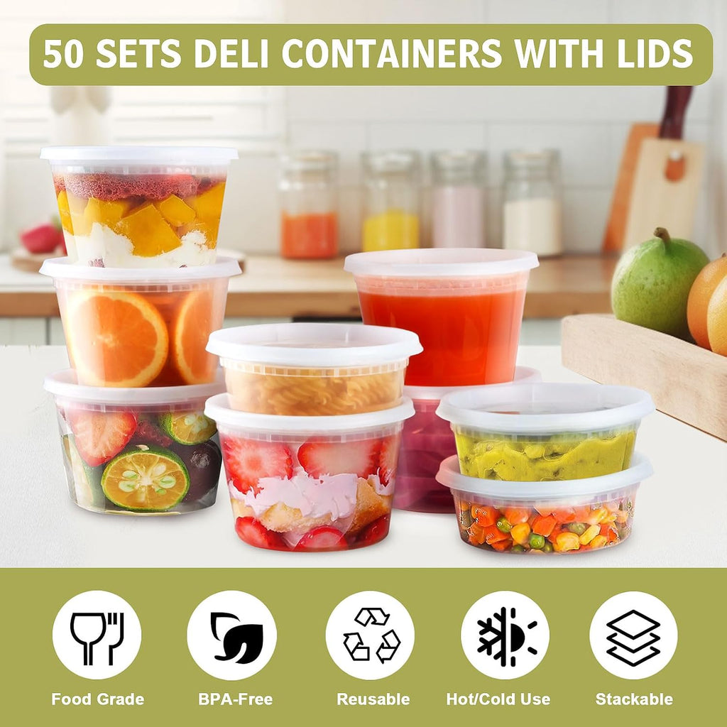 50 Sets Plastic Deli Containers with lids - 16oz 8oz Pint Container