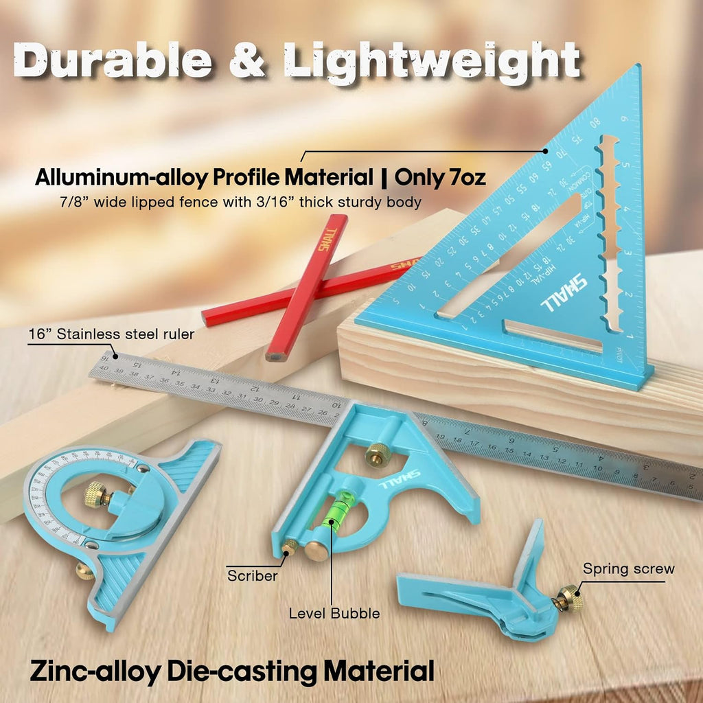 Rafter Square & Combination Square Tool Set, 7 Inch Aluminium-Alloy Carpenter Square & 16 Inch Zinc-Alloy Woodworking