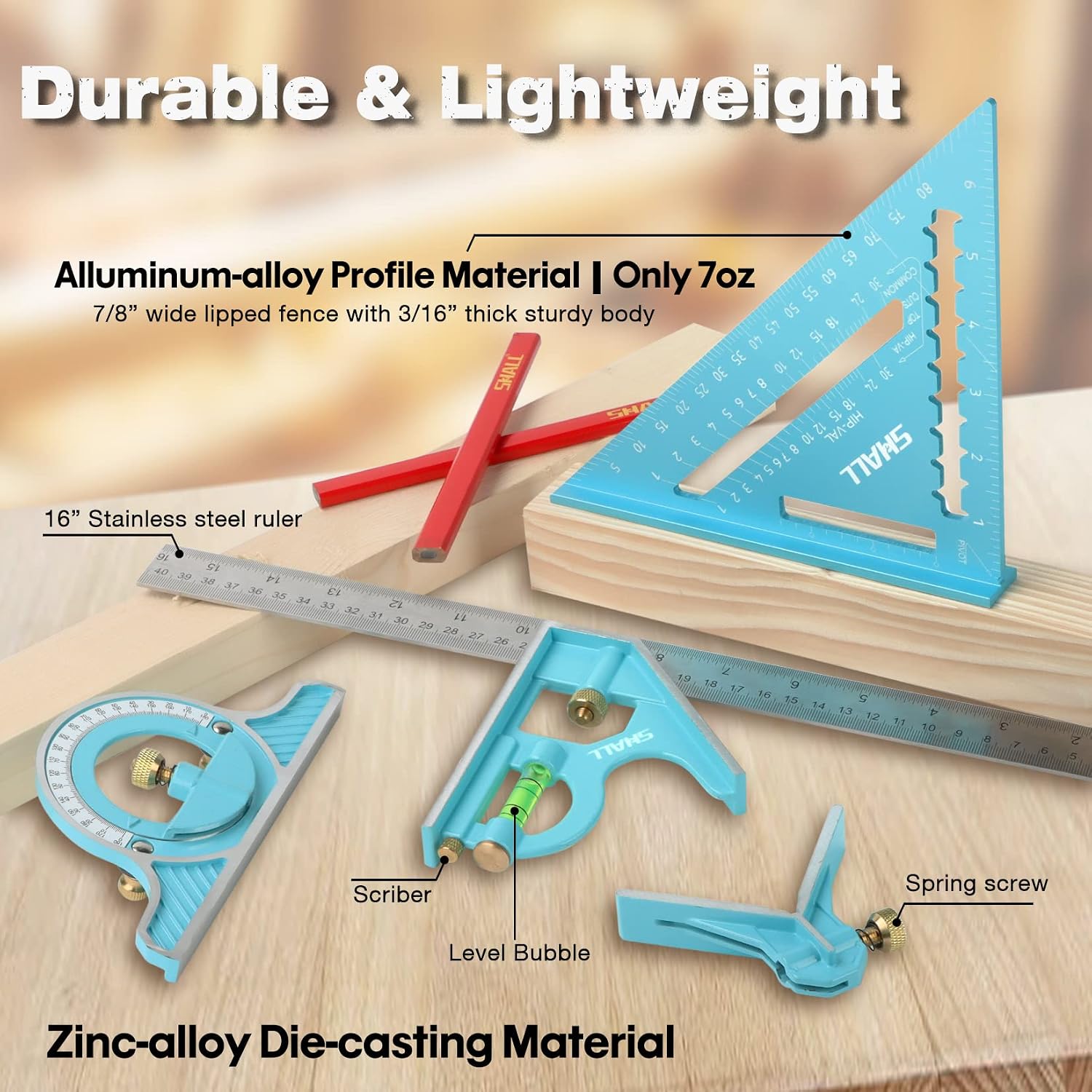 Rafter Square & Combination Square Tool Set, 7 Inch Aluminium-Alloy Carpenter Square & 16 Inch Zinc-Alloy Woodworking