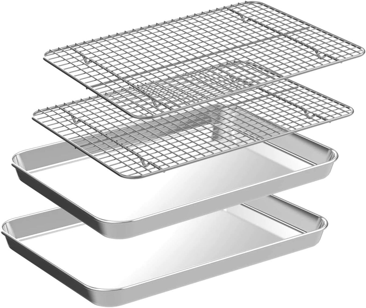 Quarter Sheet Pan with Cooling Rack Set [2 Baking Sheets + 2 Baking Racks], CEKEE Stainless Steel Cookie Sheets for