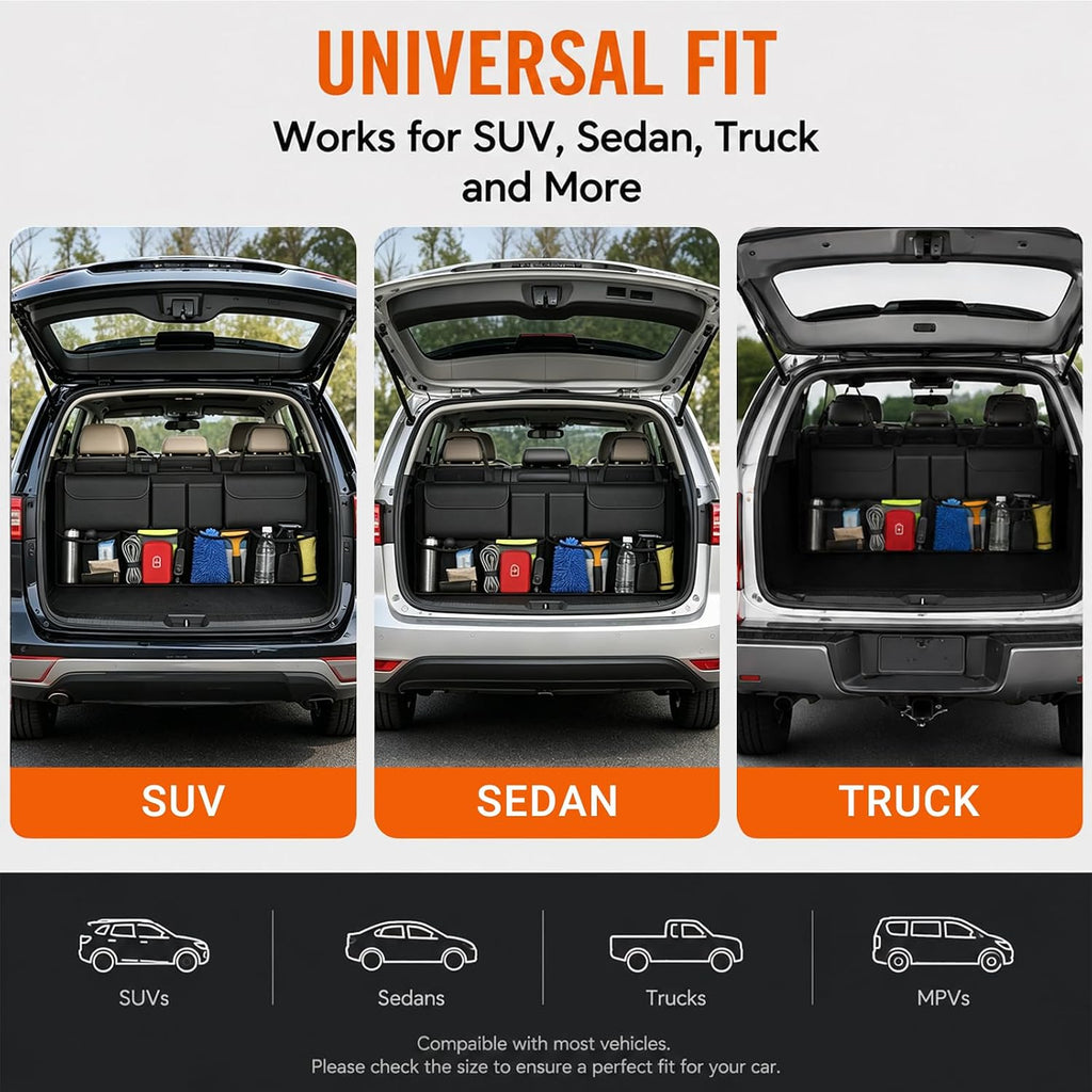 Car Trunk Organizer, Large Capacity Backseat Trunk Storage Organizer with 8 Pockets, Foldable SUV Cargo Organizer for