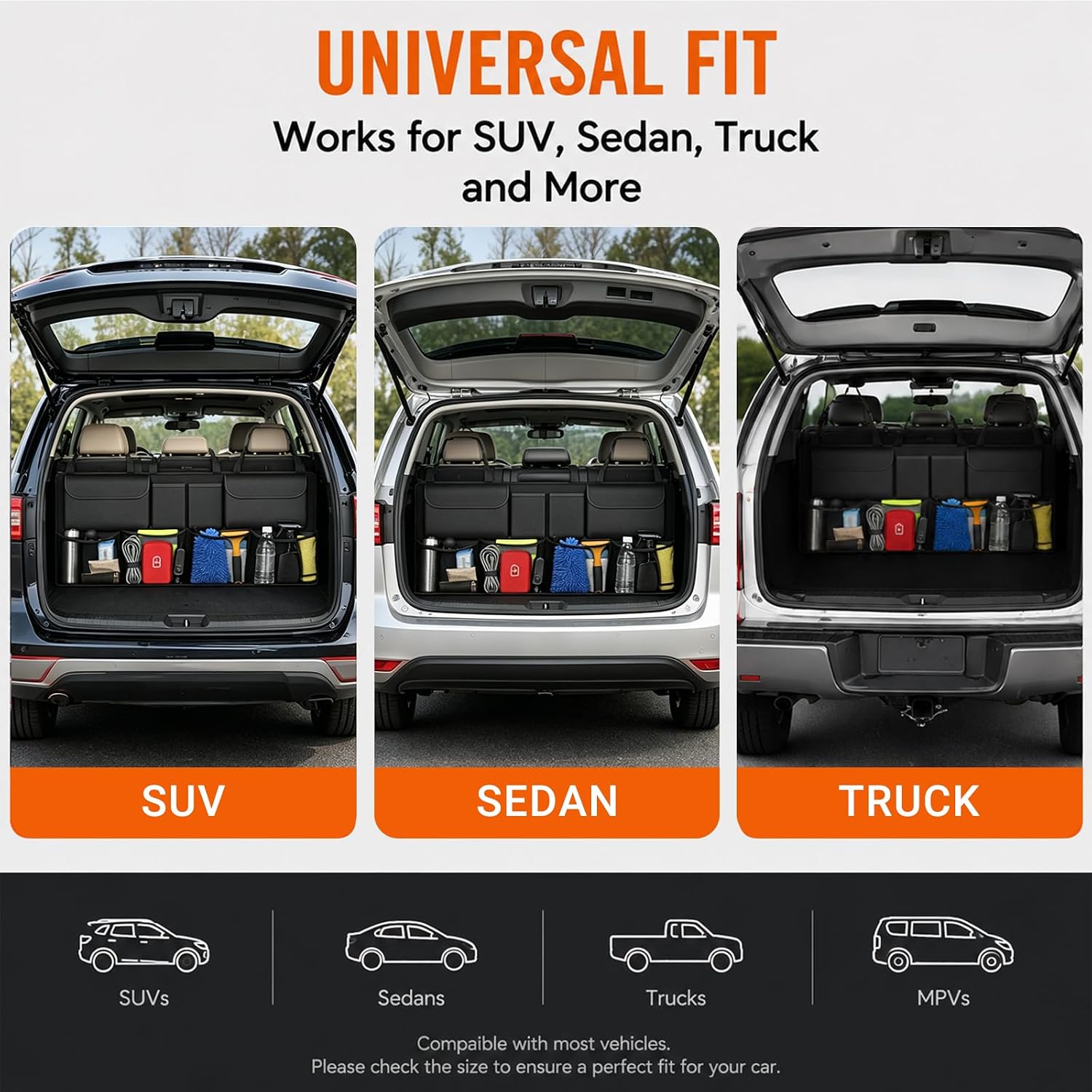 Car Trunk Organizer, Large Capacity Backseat Trunk Storage Organizer with 8 Pockets, Foldable SUV Cargo Organizer for