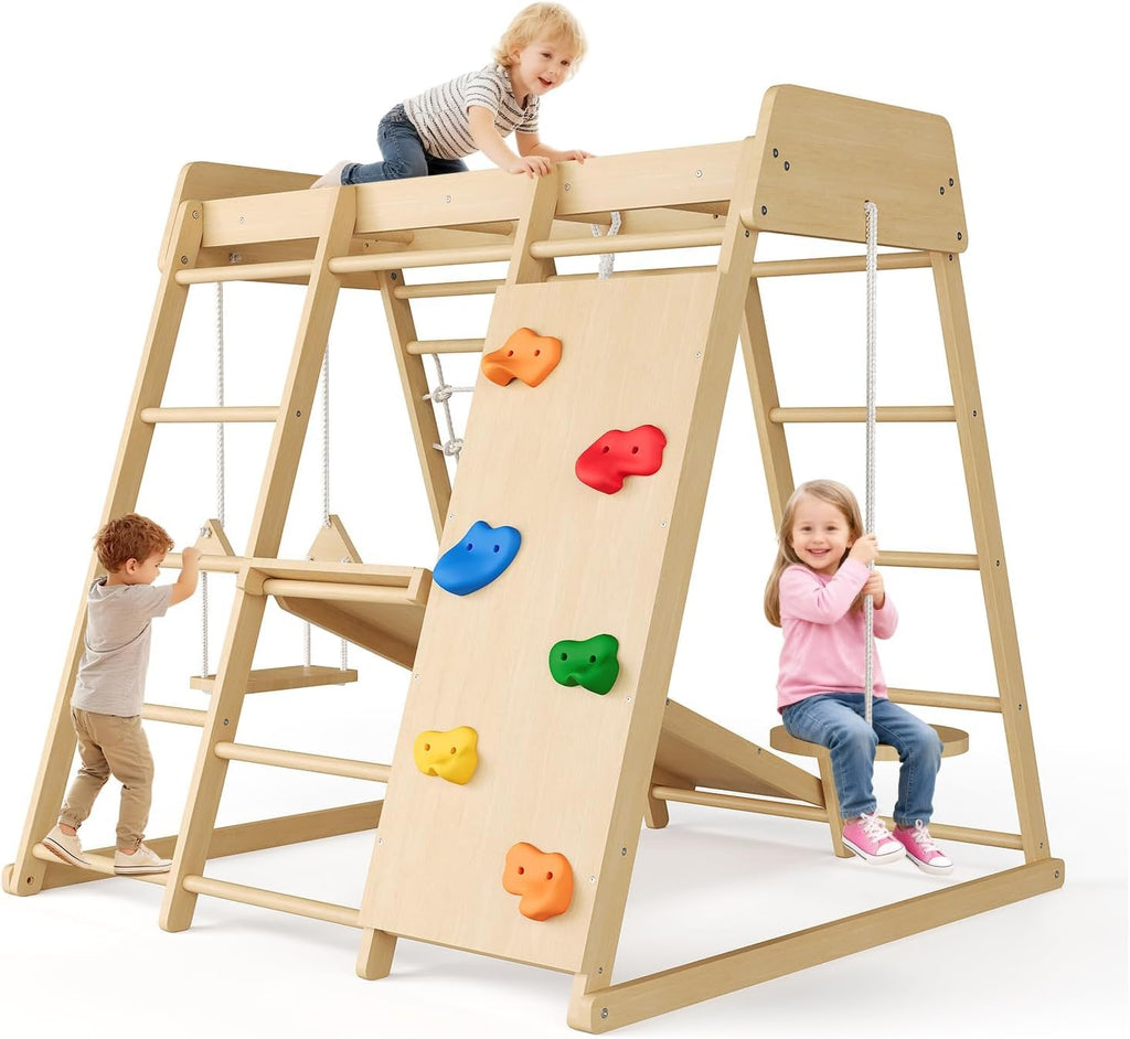 8-in-1 Indoor Playground Jungle Gym Kids Climbing Toys, Wooden Climber Playset with Slide, Swing, Monkey Bars & Climb