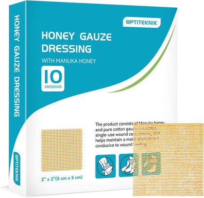 Manuka Honey Gauze Dressing 2"x2" Pack of 10, Manuka Honey Wound Care Bandage for Cuts, Scalds and Burns, Wound