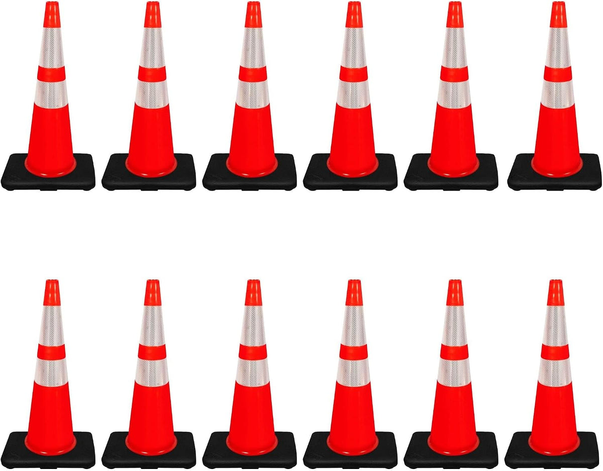 (Pack of 6 Sets) CJ Safety 28" inch Orange Delineator Post Cone with 7 lbs. Rubber Base Heavy Duty, 3M Reflective