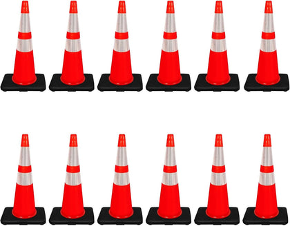 (Pack of 6 Sets) CJ Safety 28" inch Orange Delineator Post Cone with 7 lbs. Rubber Base Heavy Duty, 3M Reflective