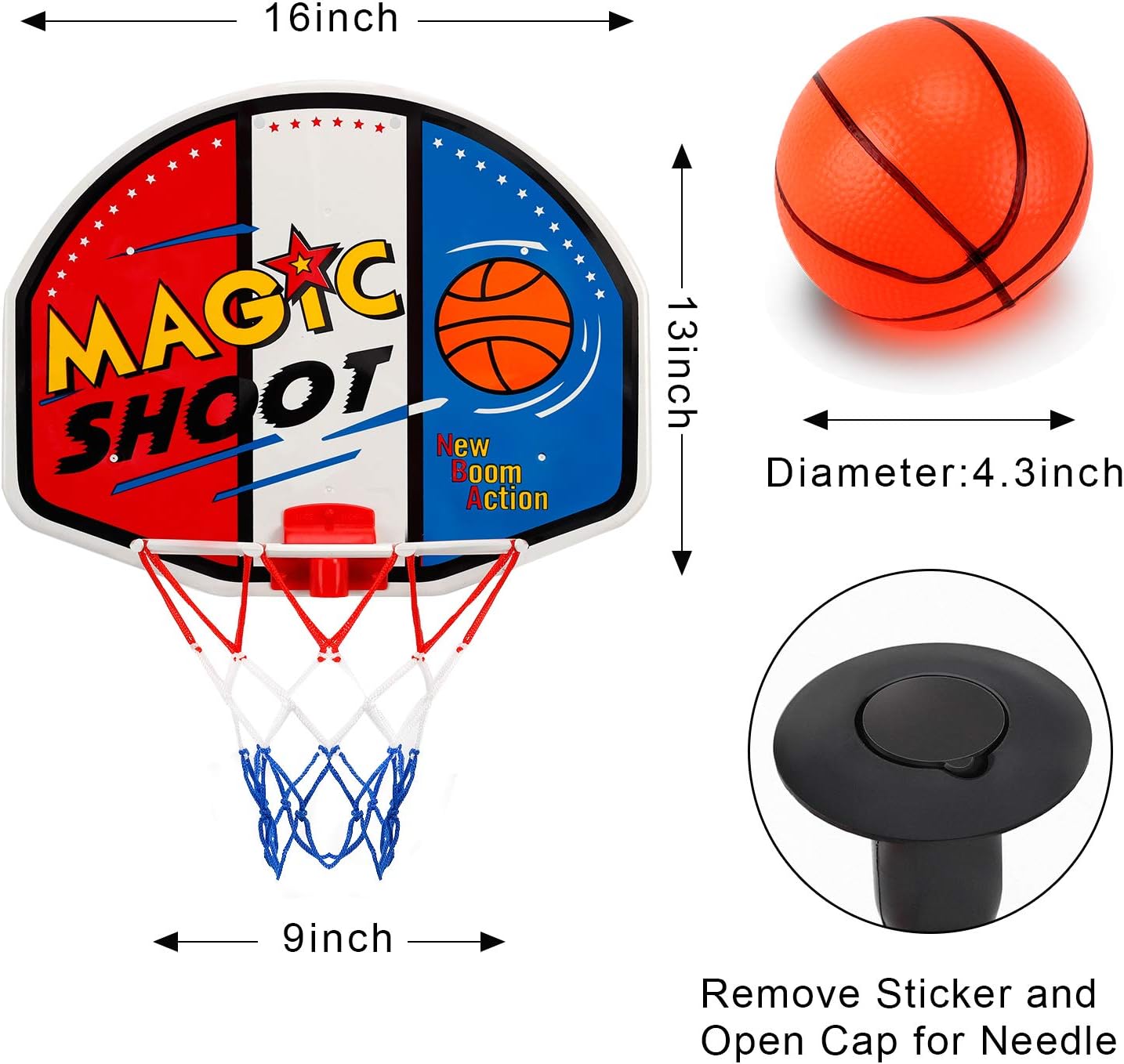 Indoor Mini Basketball Hoop - 16" x 13" Large Over The Door Plastic Toy Backboard, Net, Ball and Pump for Kids Boys