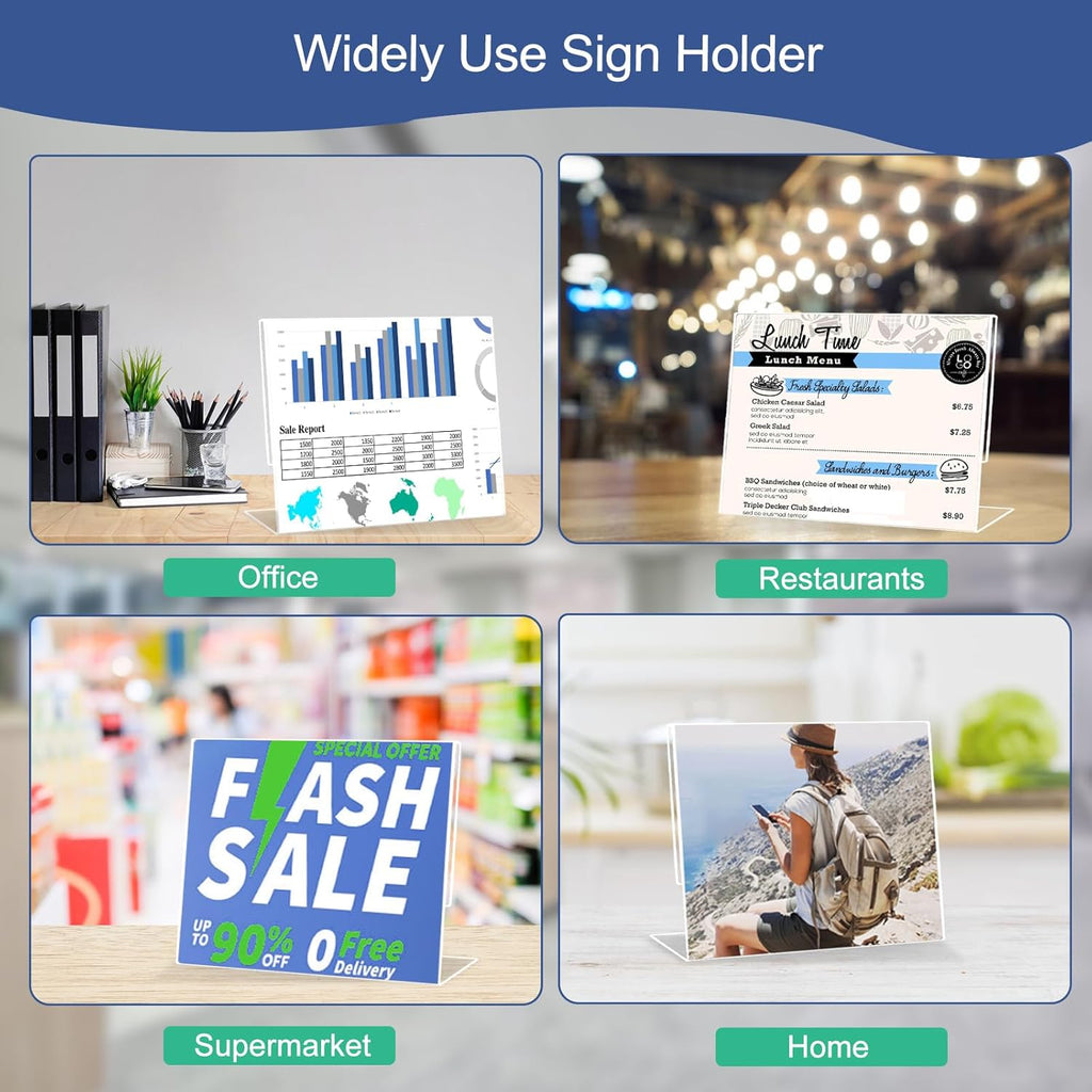 Slanted Back Acrylic Sign Holder 6 x 4, Acrylic Stands for Display Frame, Clear Plastic Tabletop Paper Sign Holder