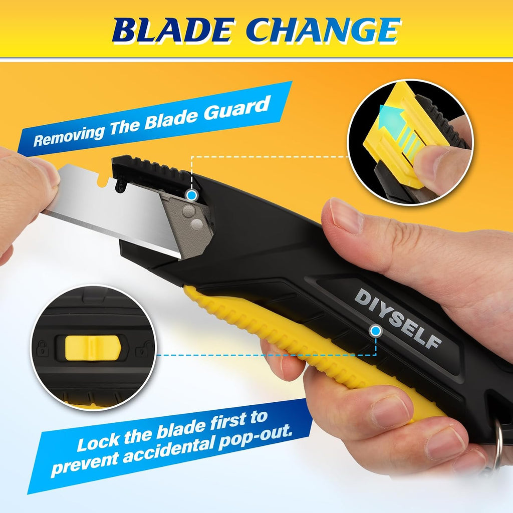 Self-Retracting Safety Box Cutter with Holster and 10 SK5 Blades