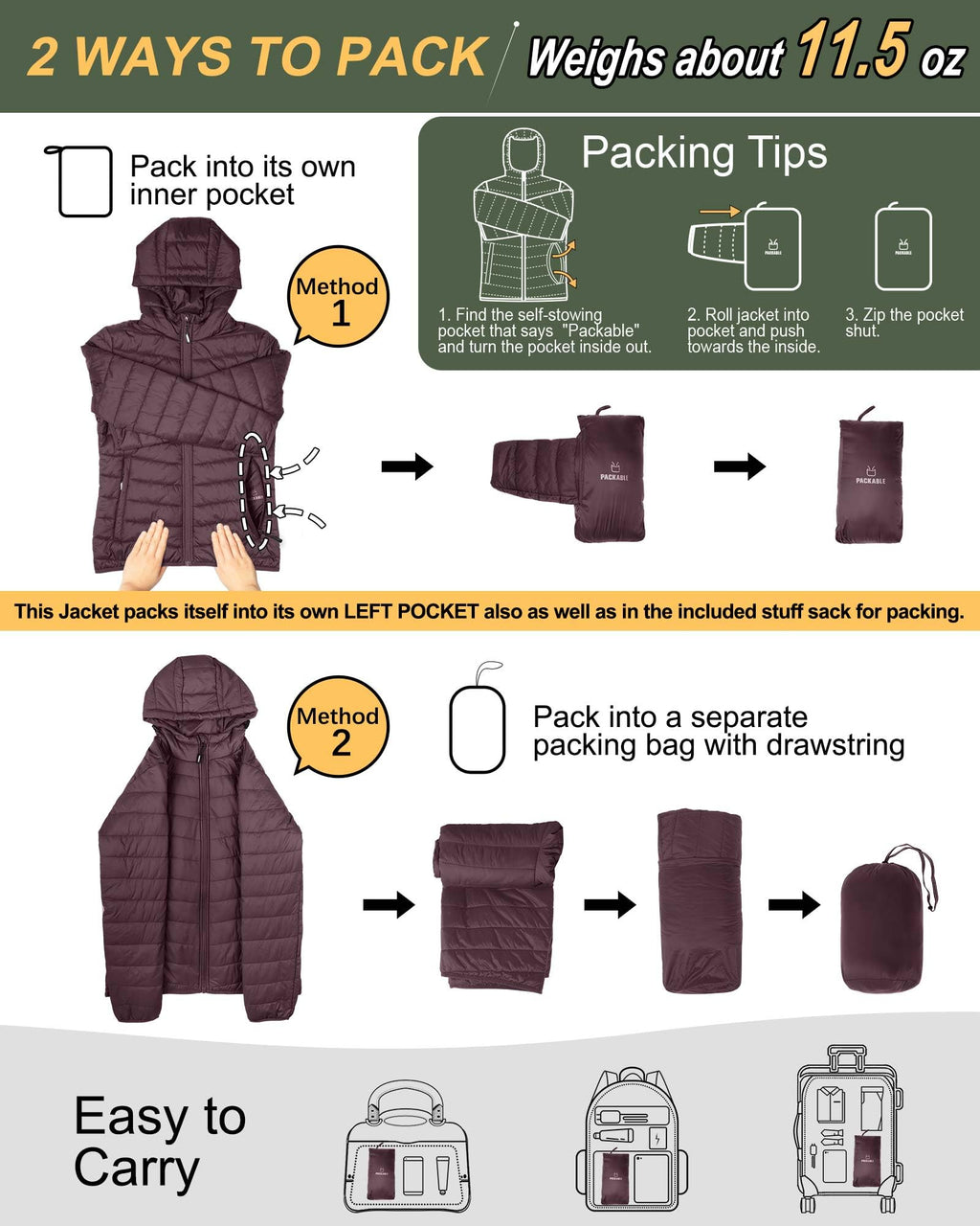 Women's Packable Lightweight Puffer Jacket with Hood