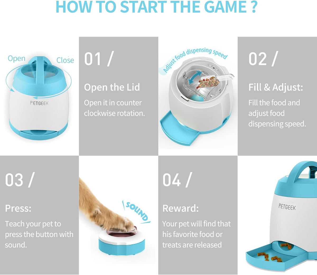 Automatic Dog Treat Dispenser with Button - Puzzle Memory Training Feeder, Pet Geek Button Treat Food Dispensing Toys