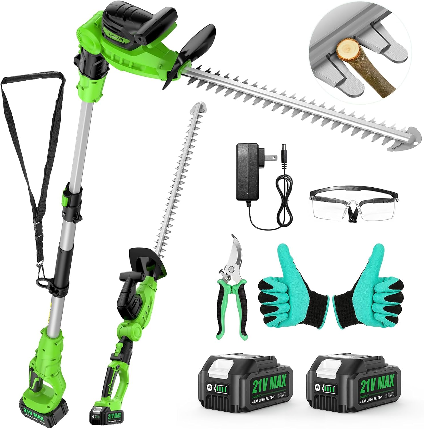 2 in 1 Pole Hedge Trimmer Cordless & Handheld Hedge Trimmer with 2 Pcs 4.0Ah Battery & Charger, 20V Electric Hedge
