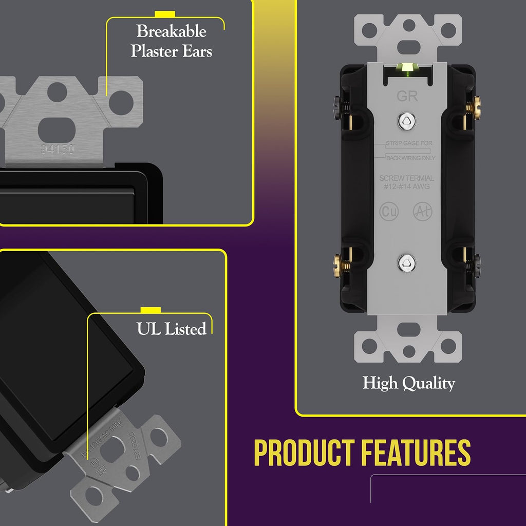 ENERLITES Black 4-Way Decorator Paddle Rocker Light Switch, 15A, 1 Pack
