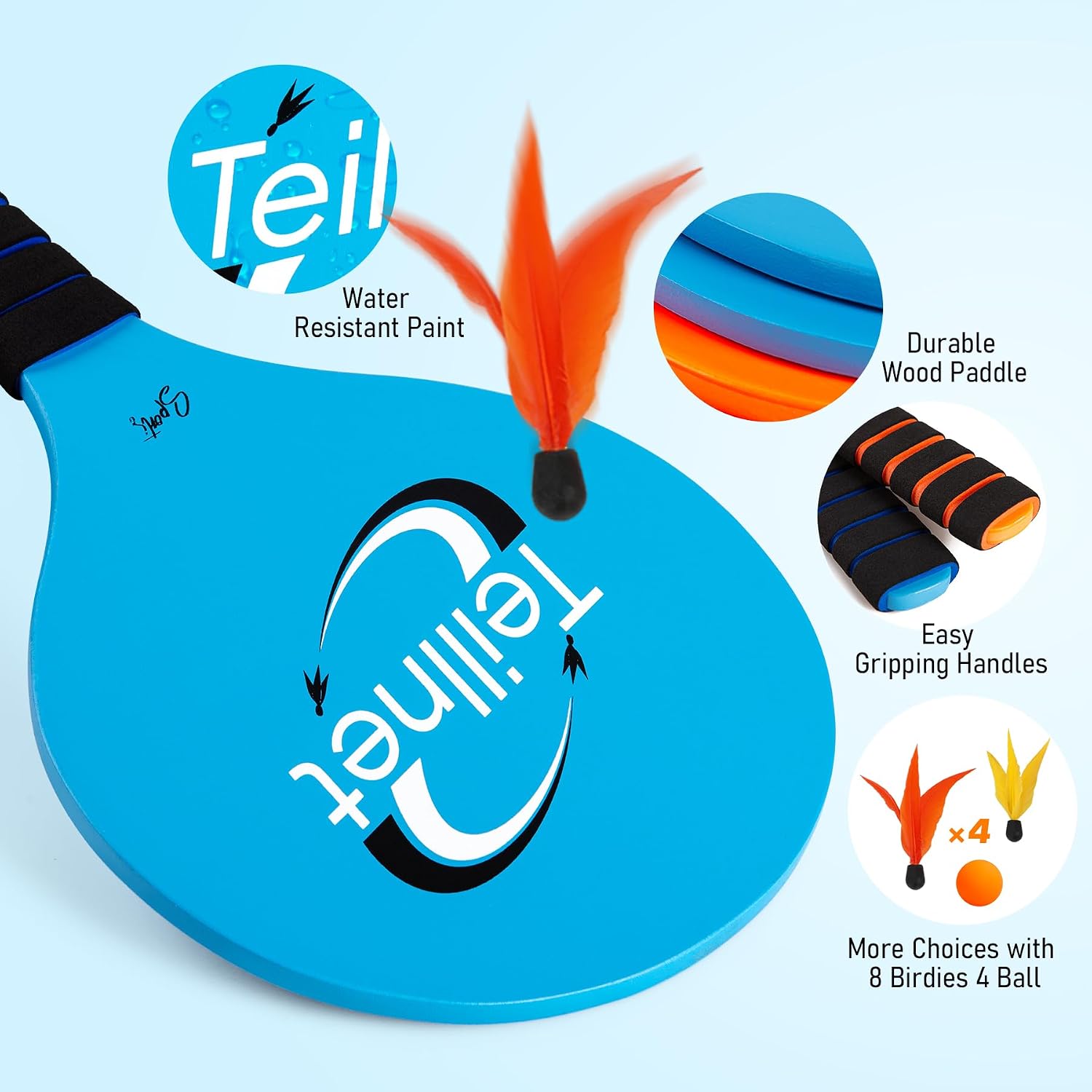 Beach Paddle Ball Set, Badminton Set, Family Games for Kids Adults | Beach Backyard Games with 4 Rackets, Beach Toys