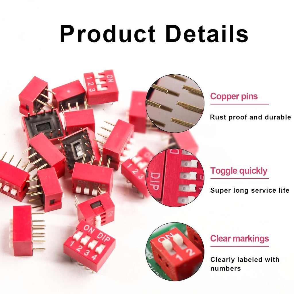 40pcs Slide Type Dip Switch Kit，Double Row Dip Switch, 1 2 3 4 Position 2.54mm PCB Mountable On Off Toggle Switch for Circuit,Breadboard