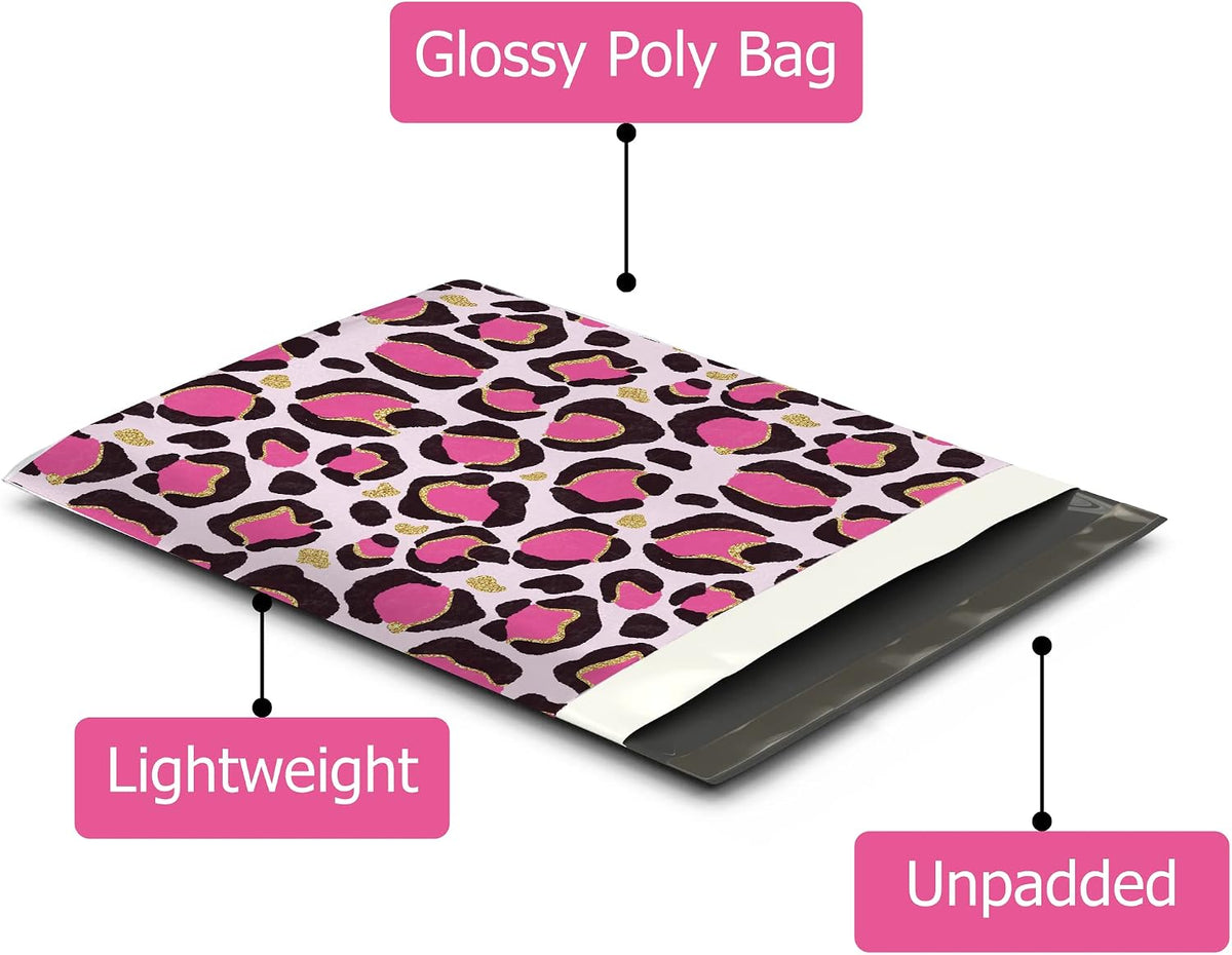 12x15 (50) Pink Leopard Print Designer Poly Mailers Waterproof Self Sealing Tear Resistant Polymailers Shipping