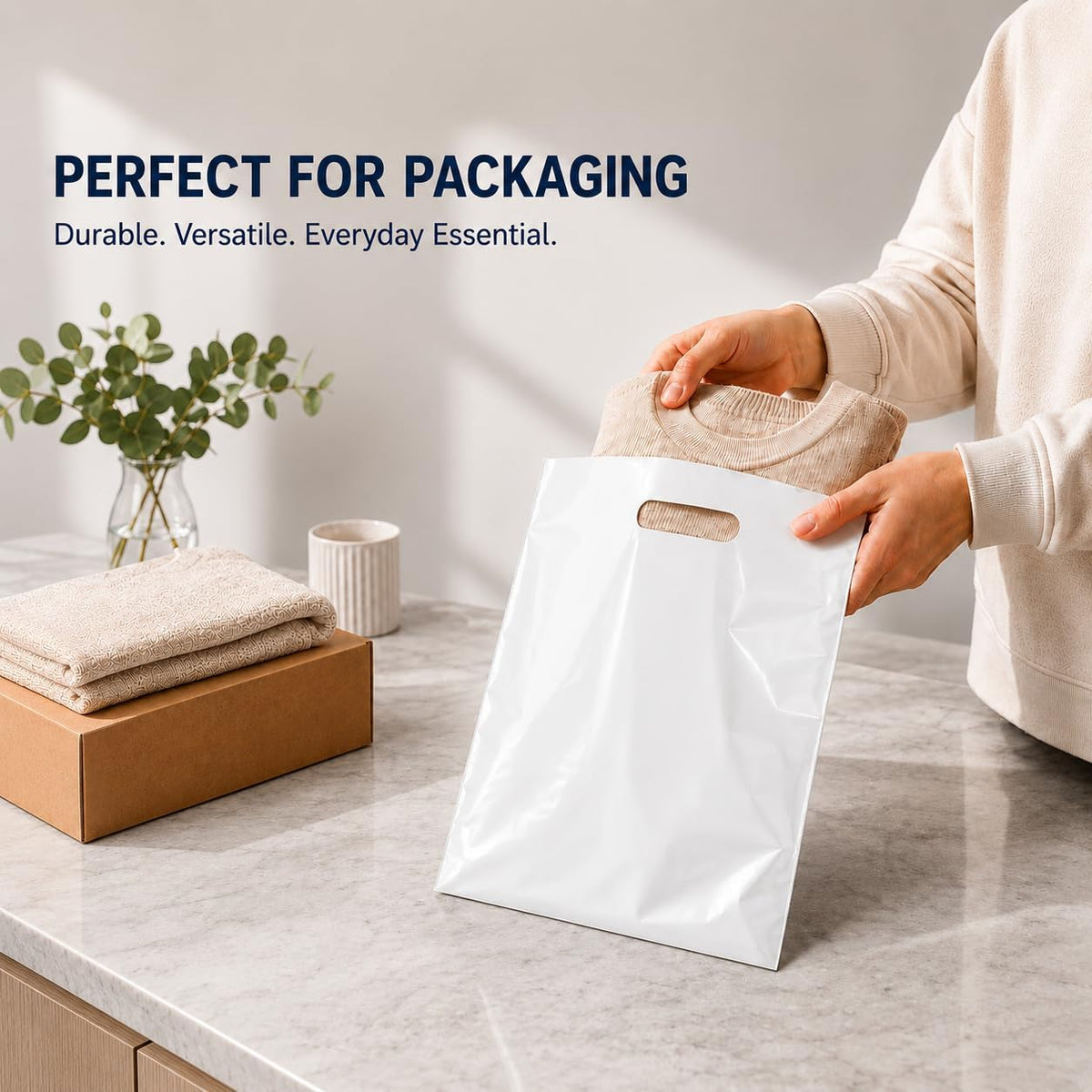 100 Count White Merchandise Bags 12" x 15" with Die-Cut Handles