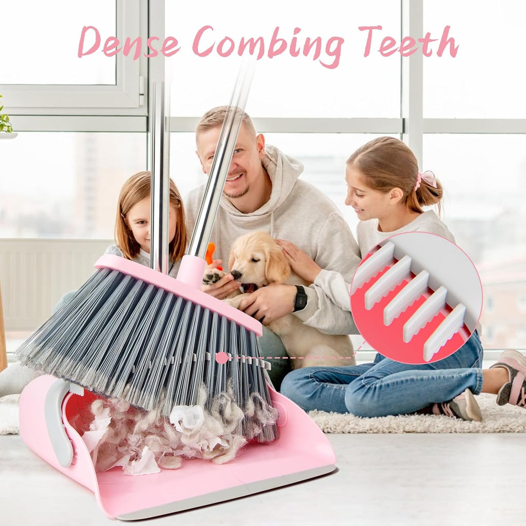 Broom and Dustpan Combo Set, Long Handle and Standing Dust Pan with Comb Teeth, Efficient Floor Cleaning for Kitchen