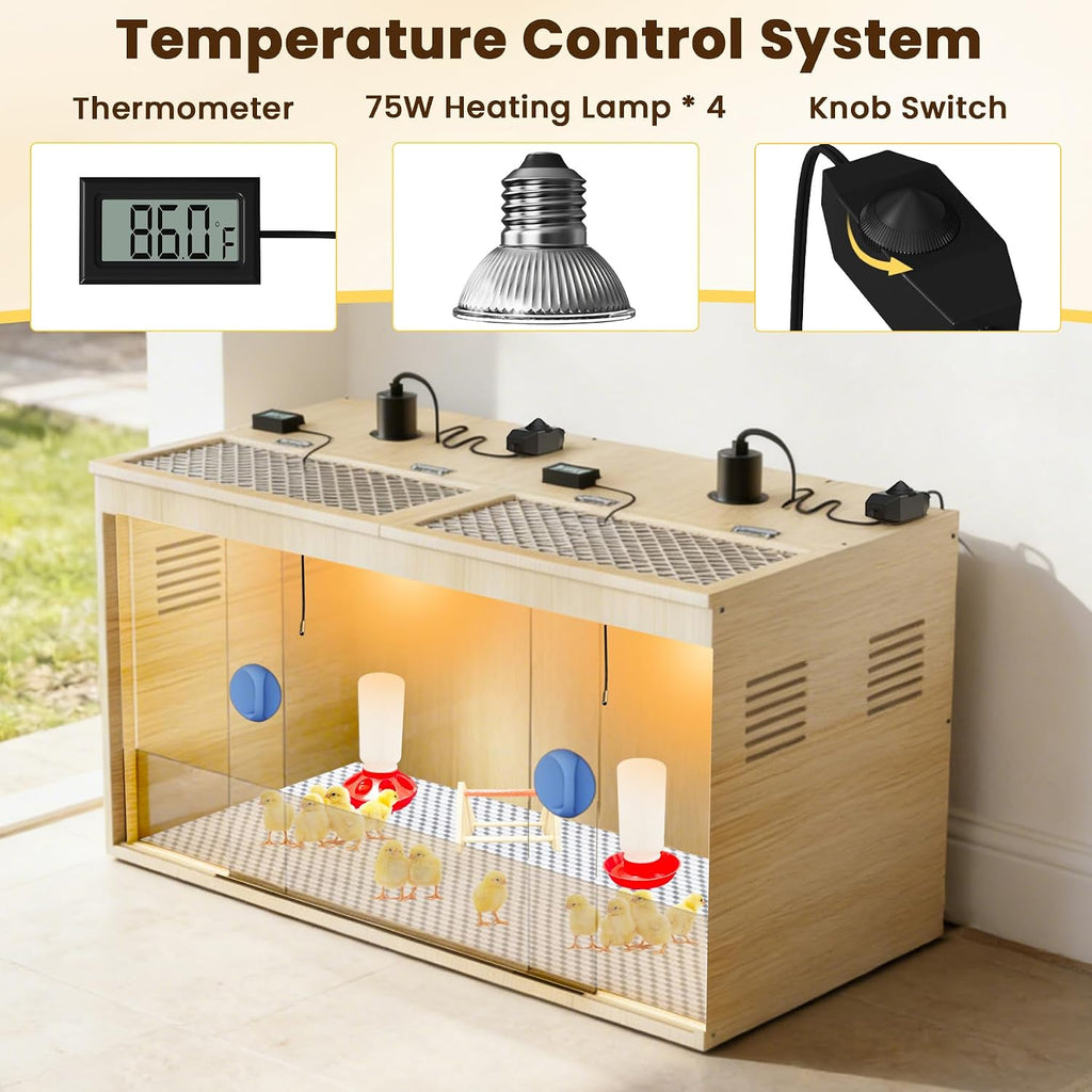 Brooder Box for Chicks, 32 Inch Wooden Large Chicken Brooder Box with 75W Heating Lamps, Thermometer, Chicken Feeder