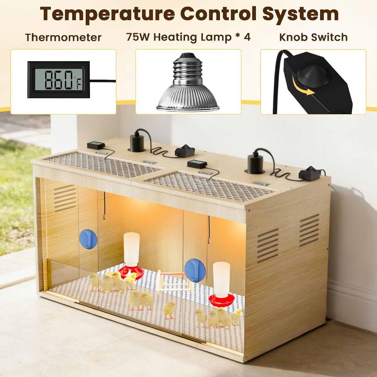 Brooder Box for Chicks, 32 Inch Wooden Large Chicken Brooder Box with 75W Heating Lamps, Thermometer, Chicken Feeder