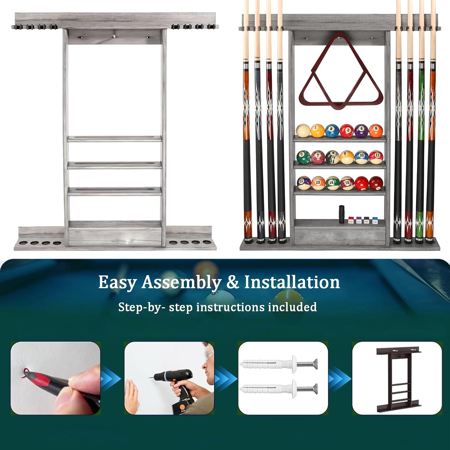 Pool Stick Holder Wall Mounted Pool Cue RackSolid Wood Billiard Stick Holder with Accessory Shelf, Heavy Duty Game