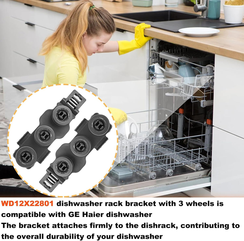 WD12X22801 Dishwasher Rack Bracket with 3 Wheels for GE Haier Dishwasher Roller Wheels - Replace AP6032529 4466609 PS11762946 WD12X10448 WD12X22599 (2 PACK）