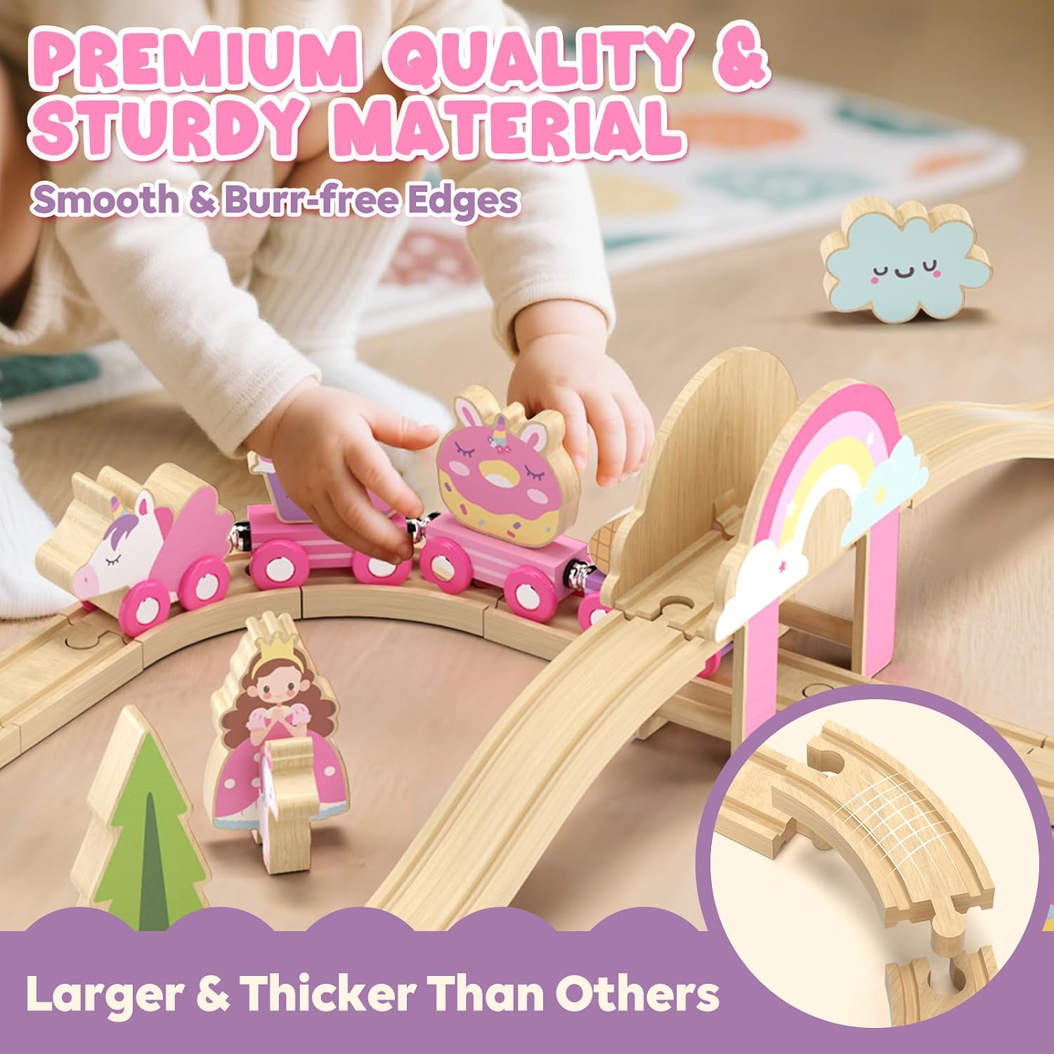 Wooden Train Set for Girls, Pink Unicorn Train Set | Princess and Castle Pieces for Imaginative Play, Compatible with